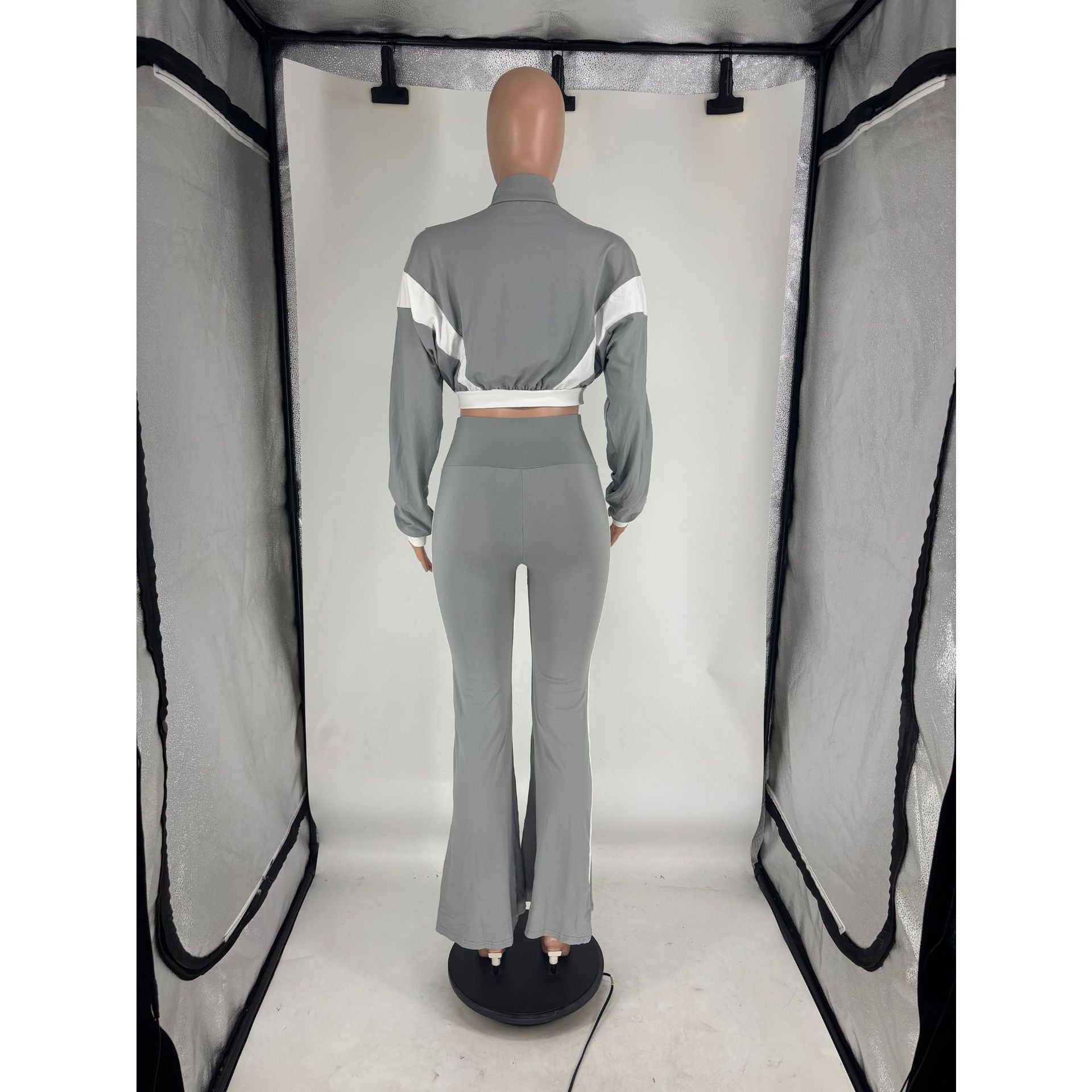 Women's Chic Casual Color-Block Long-Sleeve Zipper Top Slim Fit Bell Bottom Pants Set 24