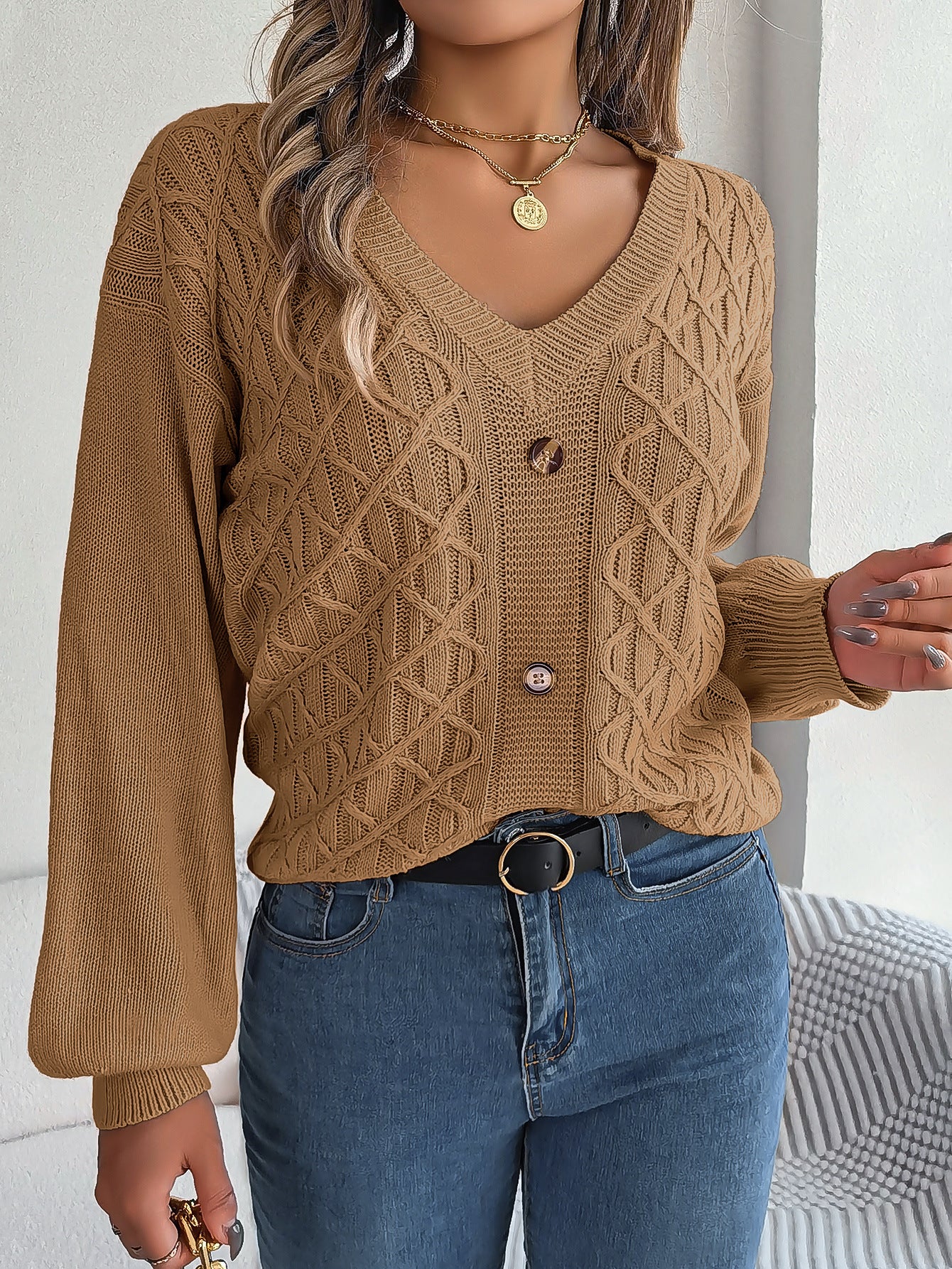 Women Casual Button Balloon Sleeve Sweater