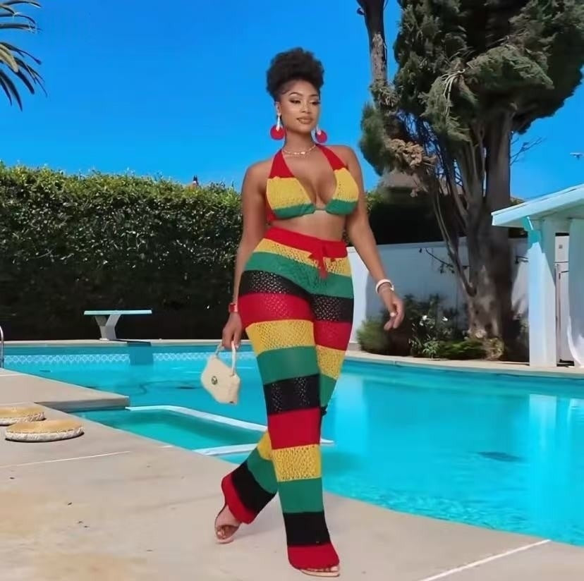 Women multi-color striped halter neck backless top and knitting pant, sexy see-through mesh two-piece set. 5