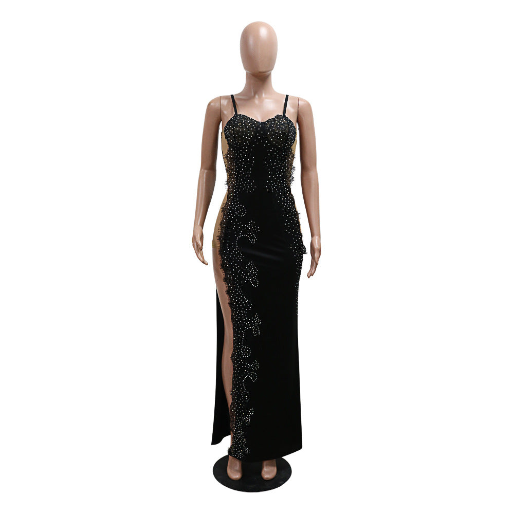 Sexy Solid Color Beaded Strap Irregular Party Dress Women Slit Long Gown 13