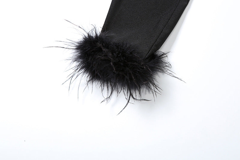 Spring Fashion Street Trend Off Shoulder Fur Patchwork High-Waist Hollow Women's Jumpsuit 15