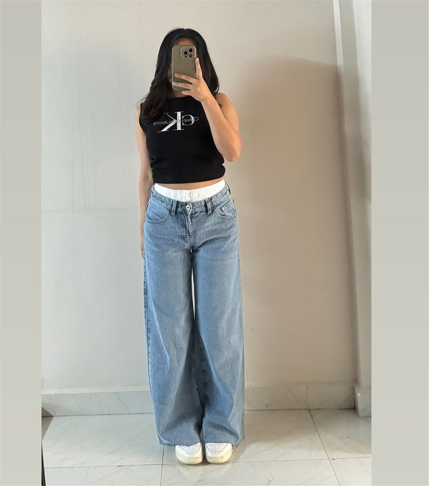 Women American Retro Non-elastic Contrast Color Wide Leg Denim Pants 10