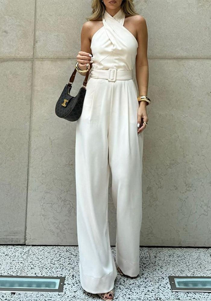 Women's Spring/Summer Fashion Chic Solid Color Halter Neck Slim Waist Jumpsuit