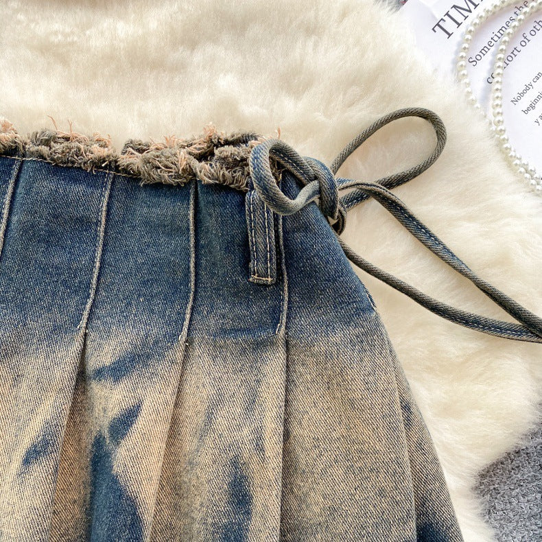 Women Vintage Pleated Bow Denim Skirt 7