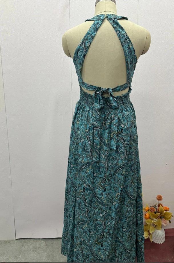 Summer Fashion Print Round Neck Sleeveless Sexy Low Back Long Dress For Women 6