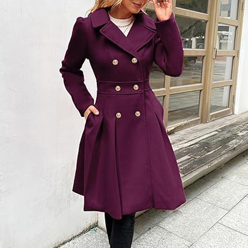 Women Fall and Winter Turndown Collar Double-Breasted Pocket Windbreaker 14