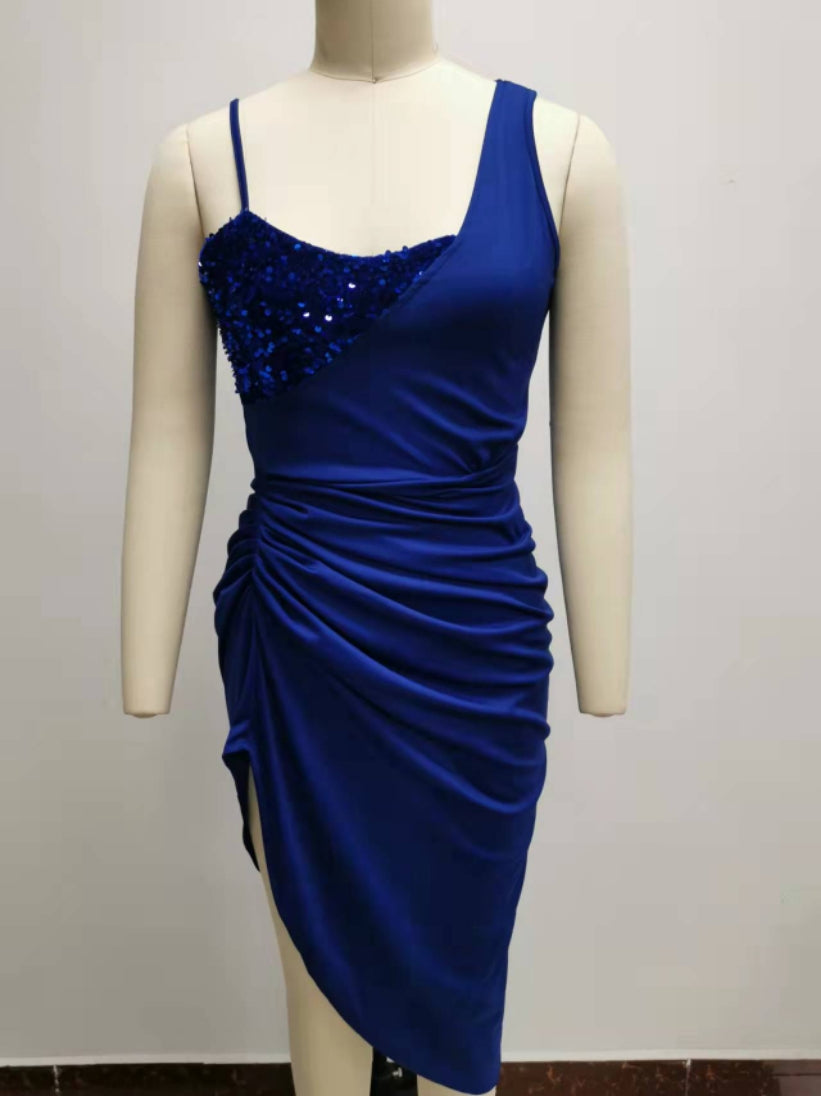 Women's Solid Sexy Sequin Slit Maxi Pleated One-Shoulder Evening Dress 19