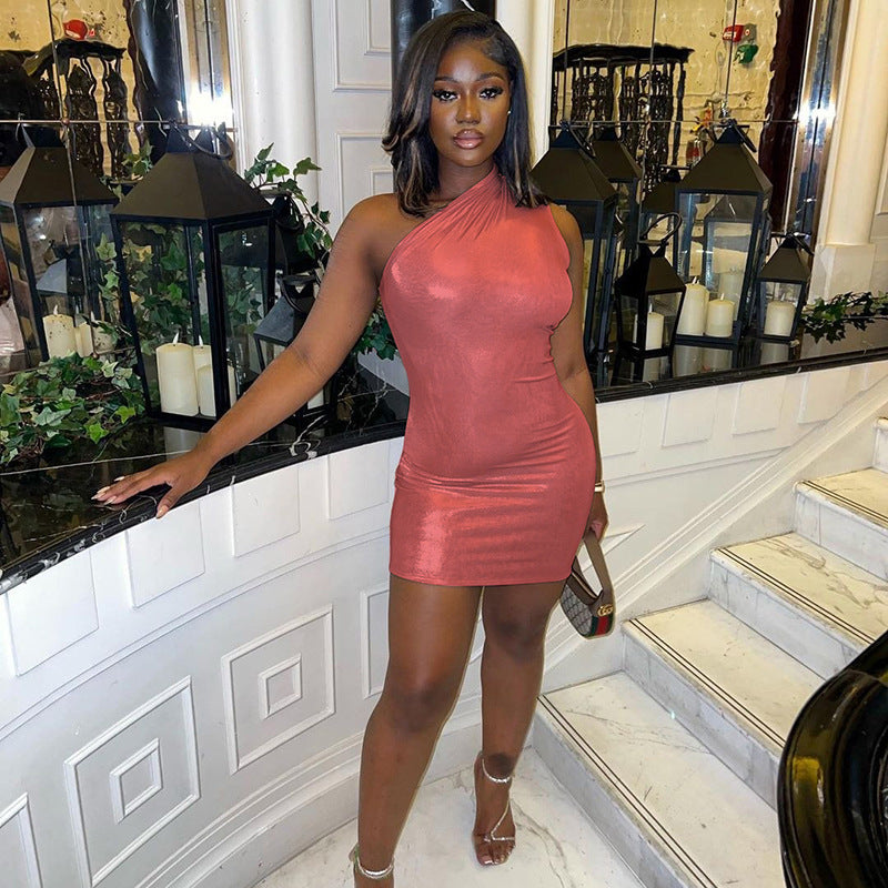 Women's Fall Sexy Slim Solid Color Slash Shoulder Sleeveless Bodycon Dress 8