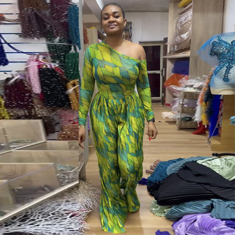 Women Spring Print Slash Shoulder Long Sleeve Top and Wide Leg Pants Pleated Two-piece Set 4