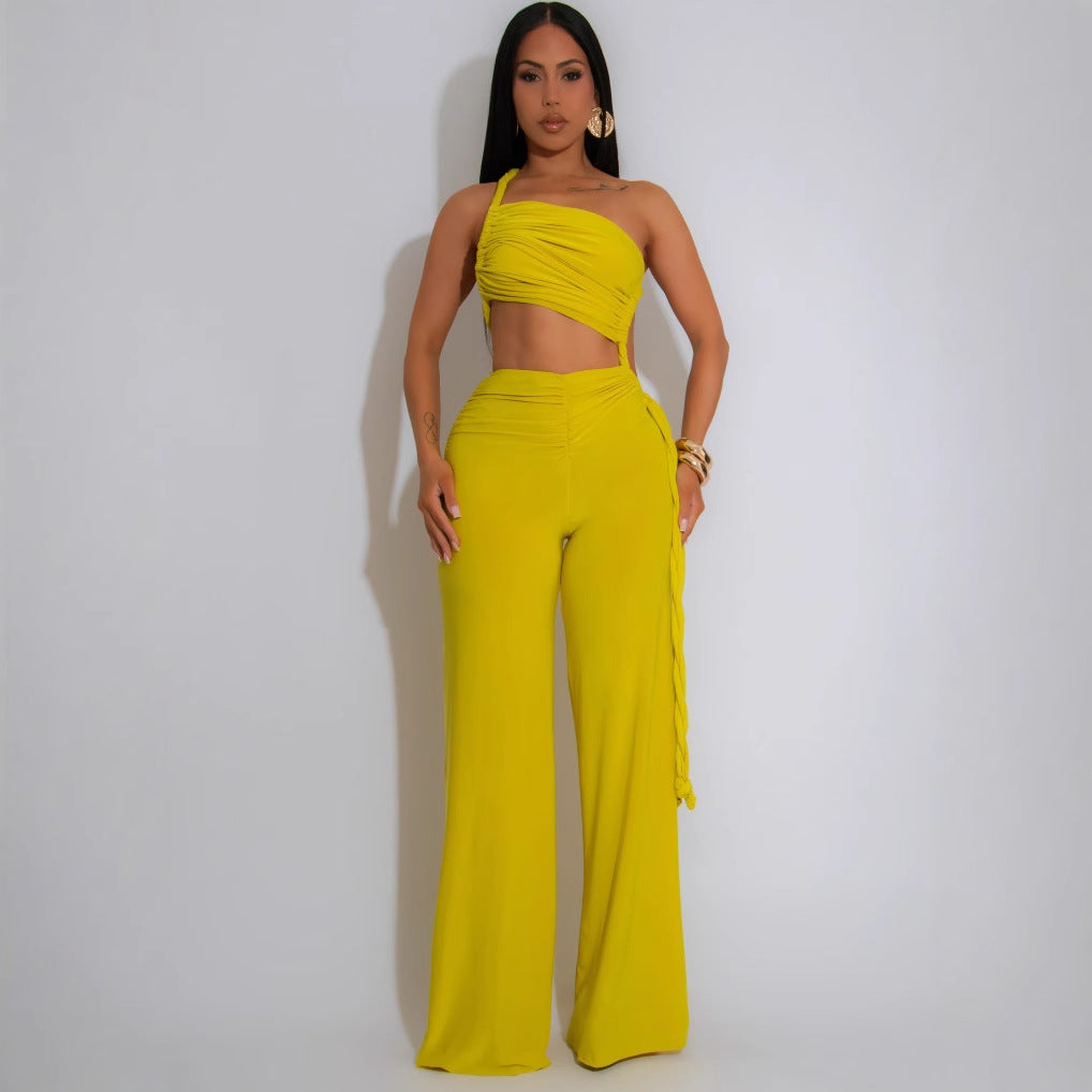 Women Halter Neck Strapless gathered tie rope wide leg jumpsuit