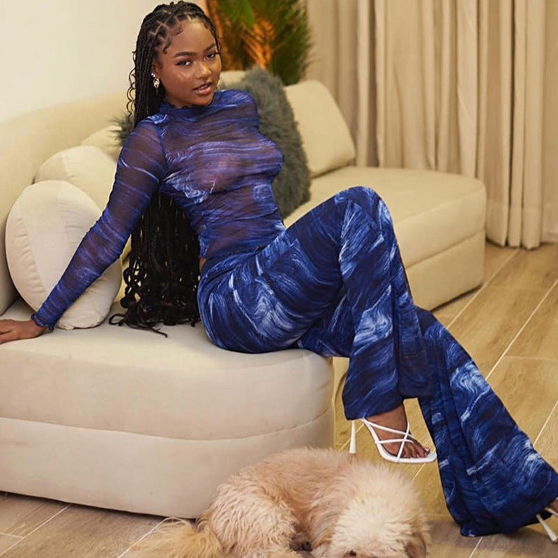 Women's Fashion Print Long Sleeve Top See-Through Bell Bottom Mesh Pants Fashion Two Piece Set 5
