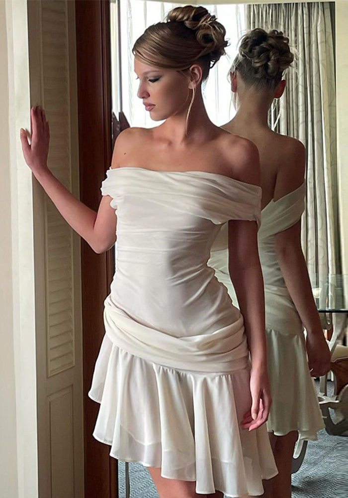 Women Summer Solid Sleeveless Off-shoulder French Irregular Dress