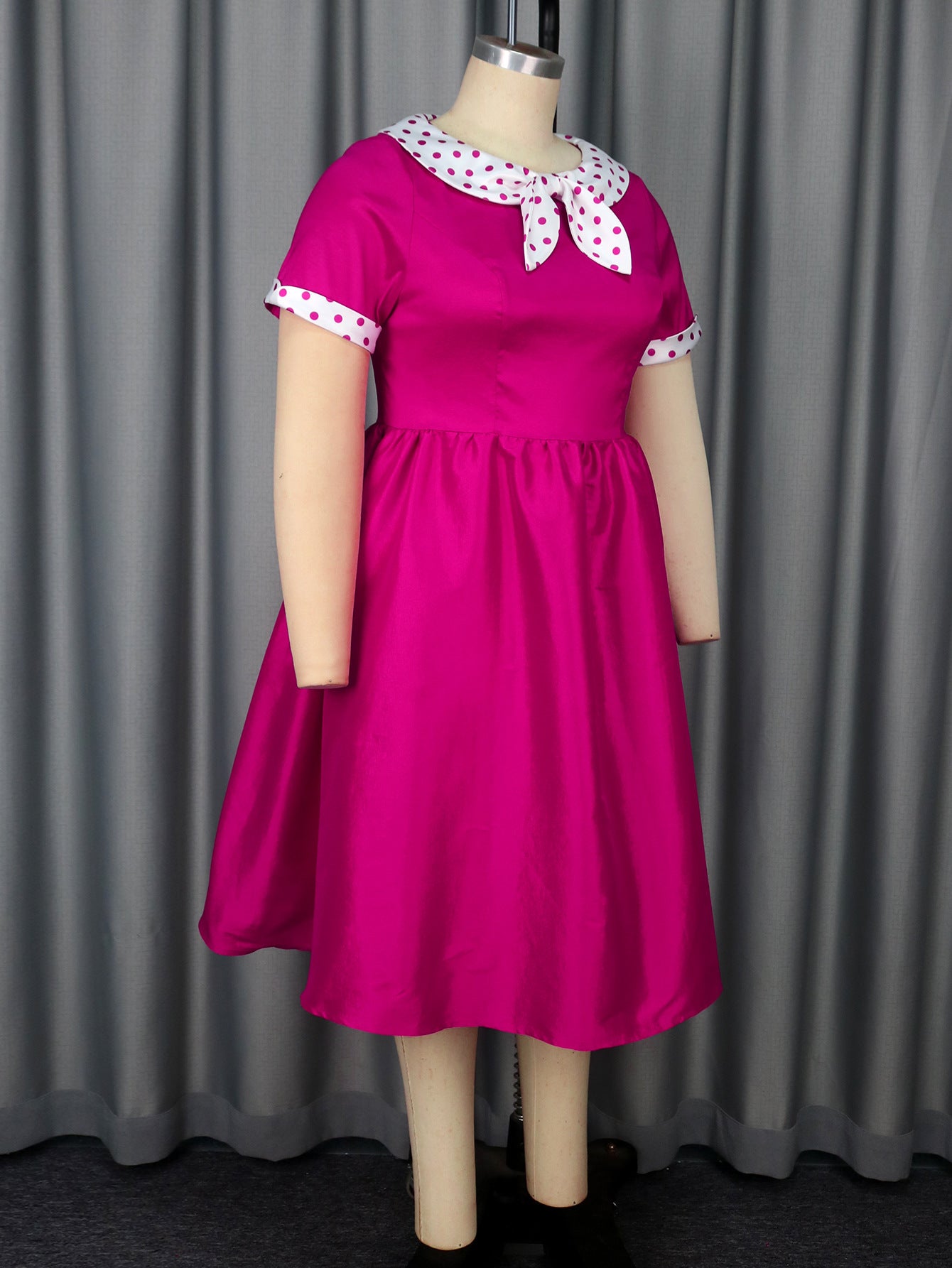 Plus Size Contrast Color Polka Dot Rose A-Line Career Dress 14