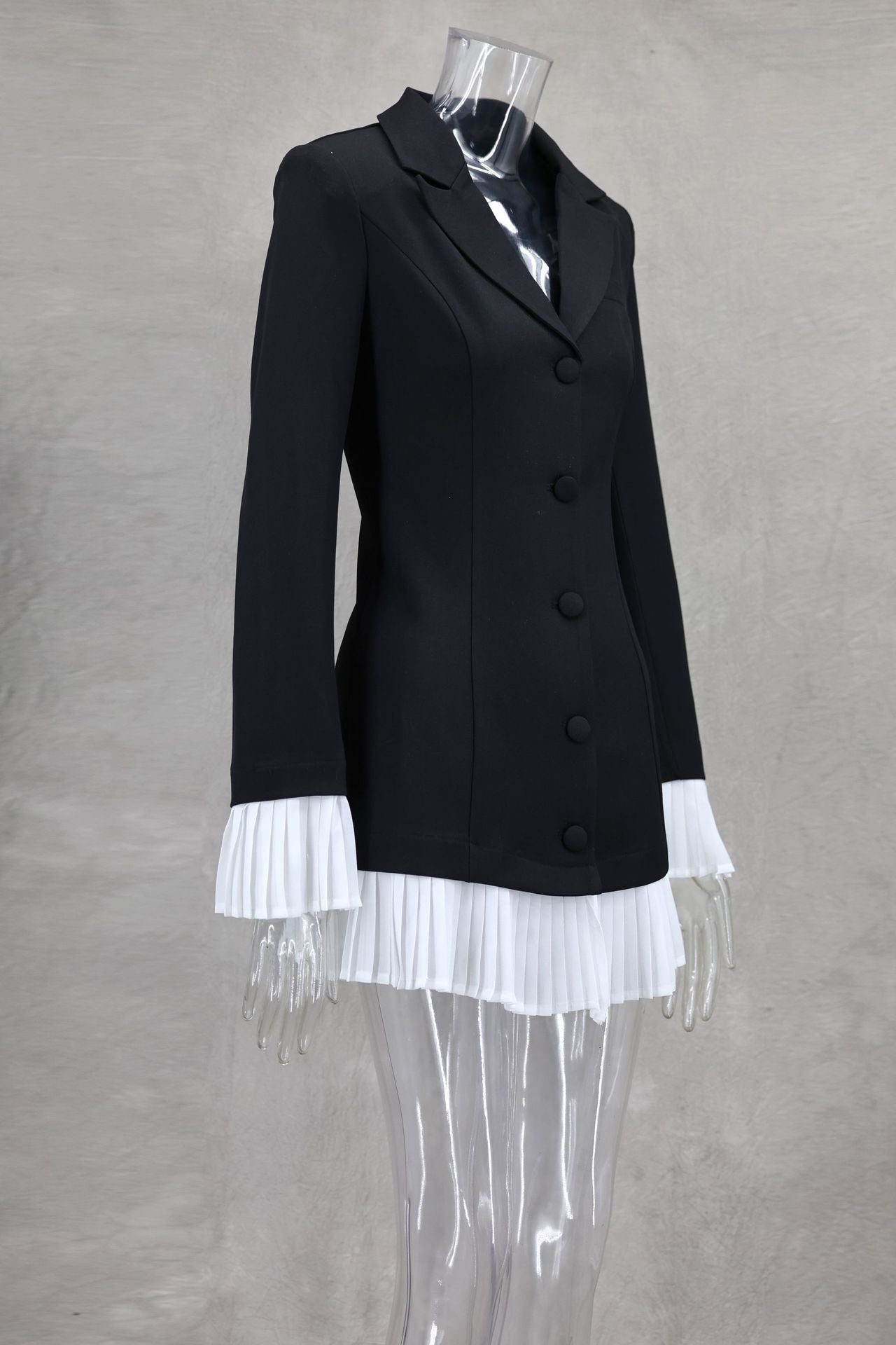 Women Spring and Summer Black and White Contrast Pleated Ruffle Blazer Dress 13