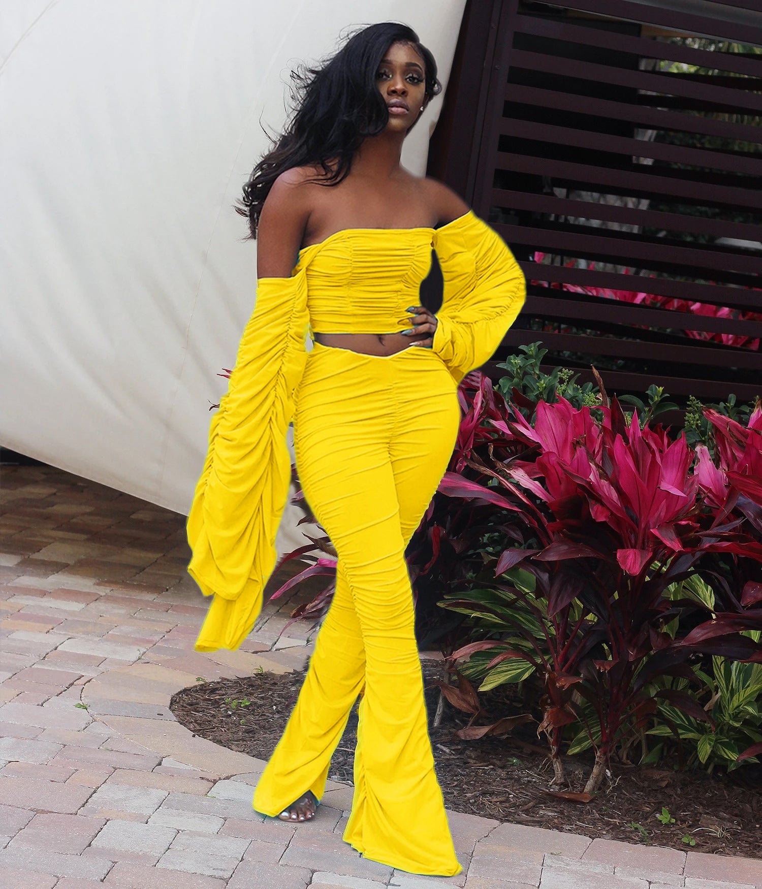 Women Long Sleeve Solid Pleated Off Shoulder Sexy Top and Pant Two-piece Set 3