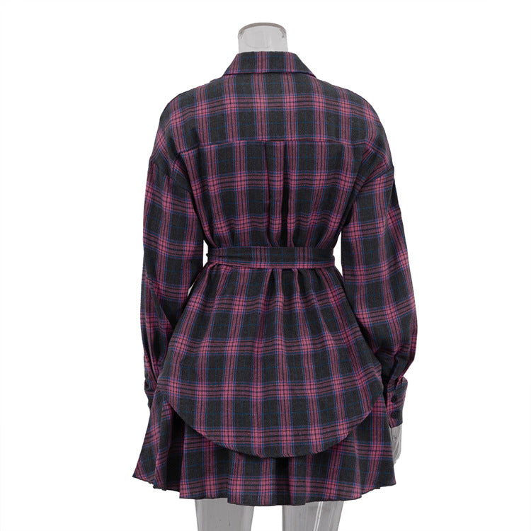 Women's Casual Plaid Turndown Collar Shirt Skirt Set 8