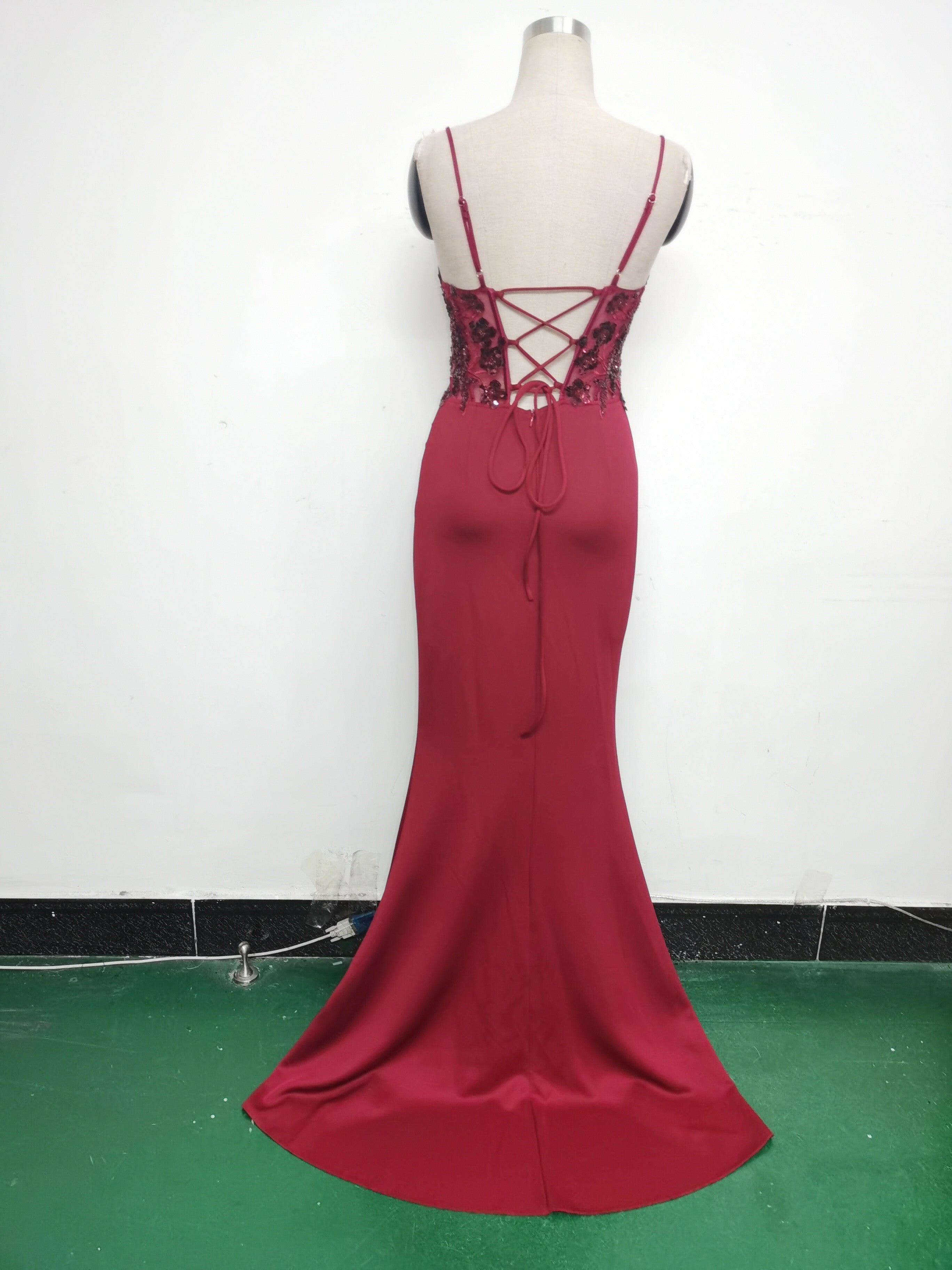 Women Fishbone Lace-Up Sequin Embroidery Formal Formal Party Evening Dress 36