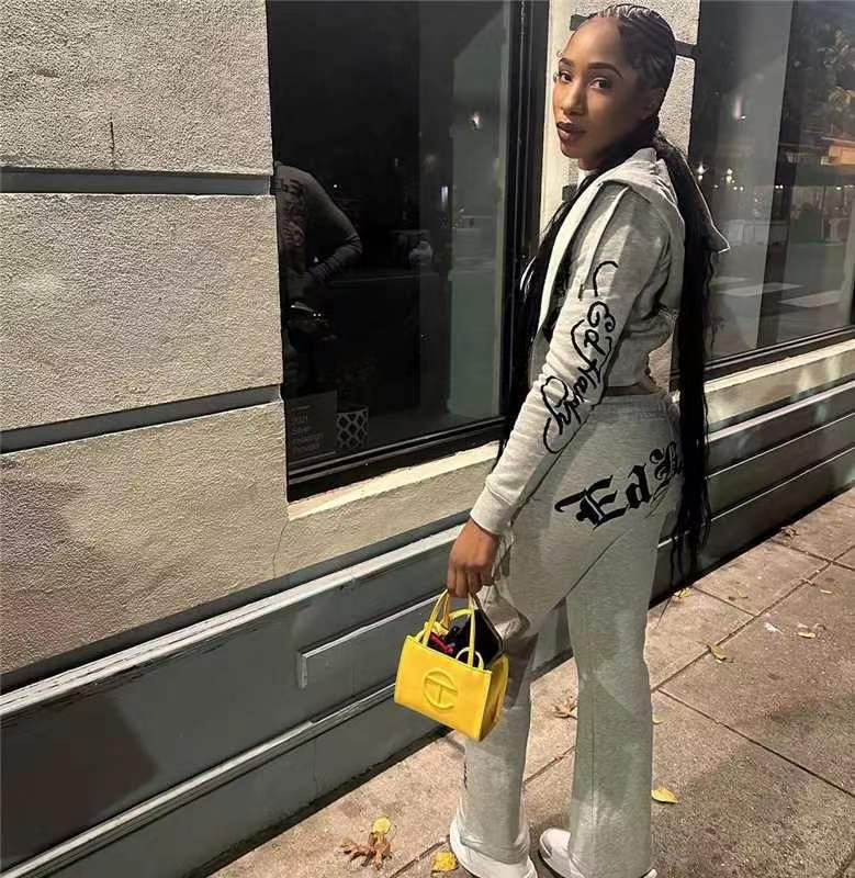 Women Autumn Casual Zipper Printed Top and Pant Two-piece Set 6