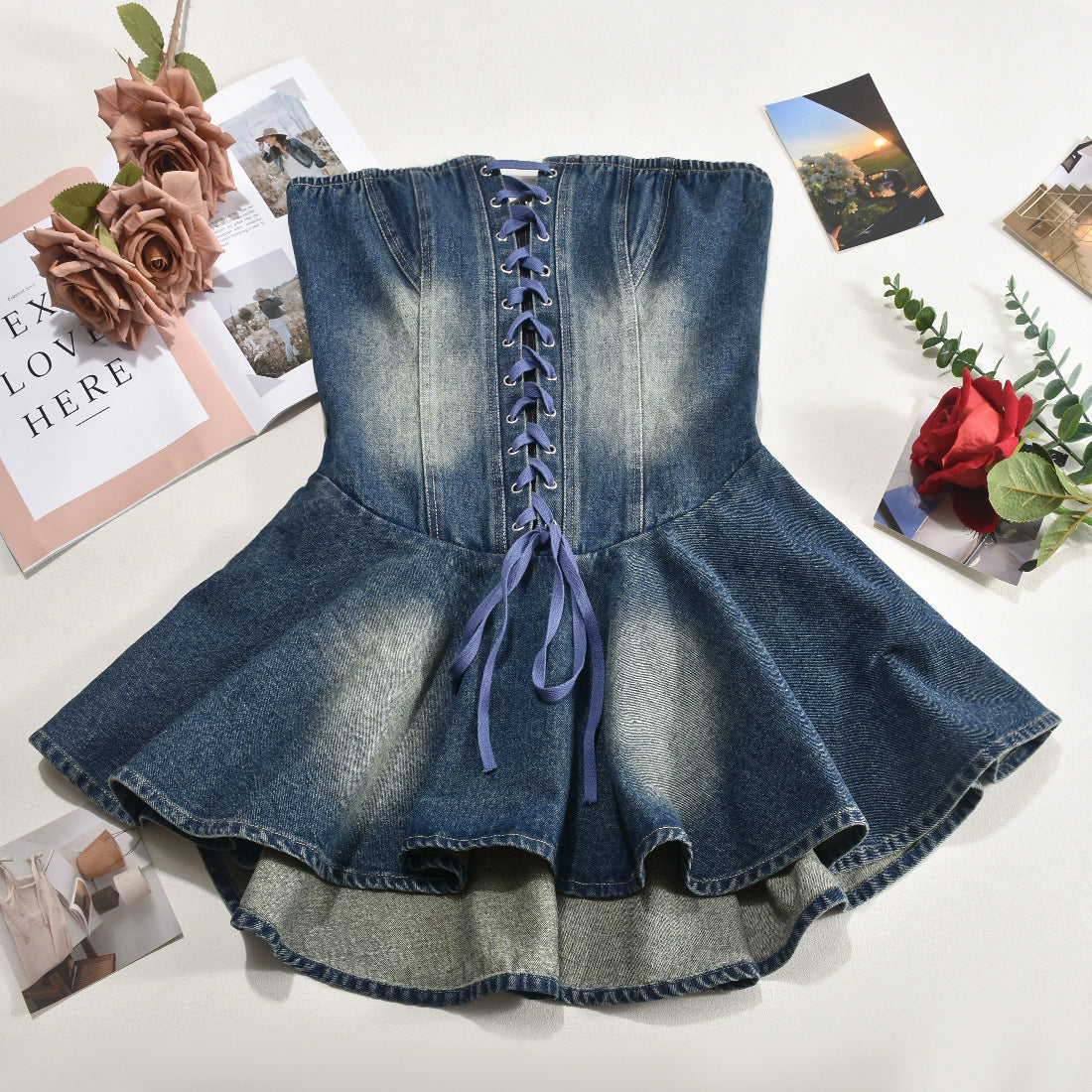 Women zippered chest-wrapped sexy Denim ruffle skirt 11