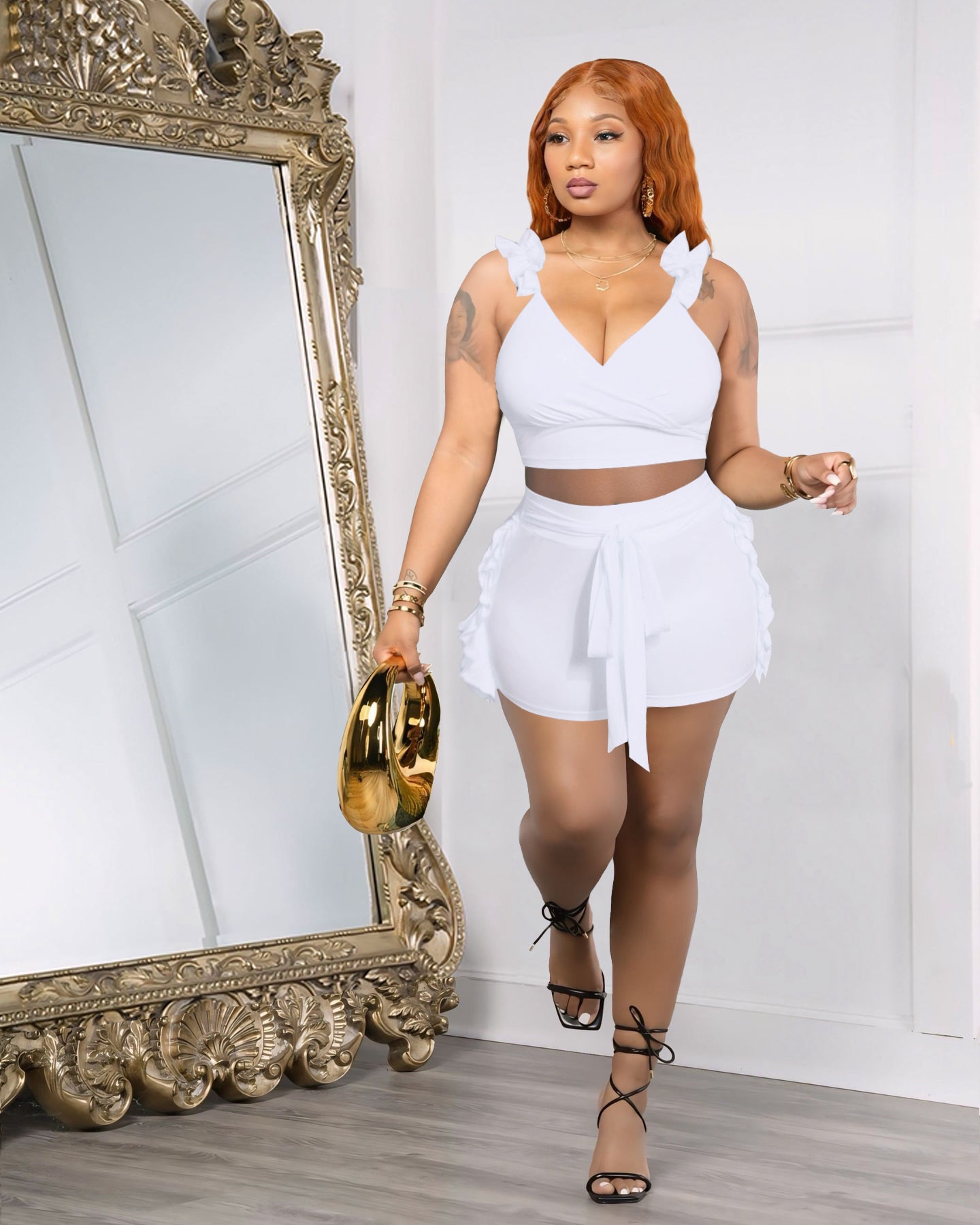 Women Summer Sexy Ruffle Backless Solid Top and Shorts Two-piece Set 7