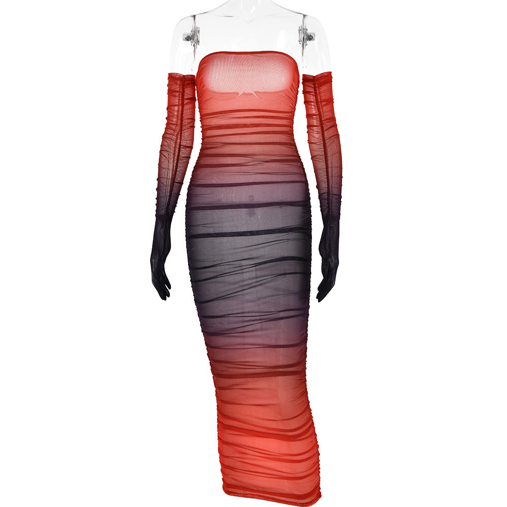 Women Mesh Gradient Off Shoulder Strapless Backless Dress 13