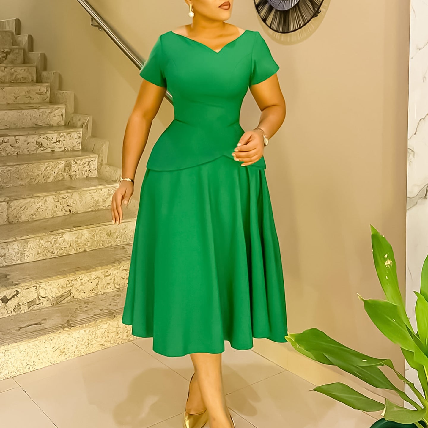 Women Summer Solid V Neck Short Sleeve African Dress 3