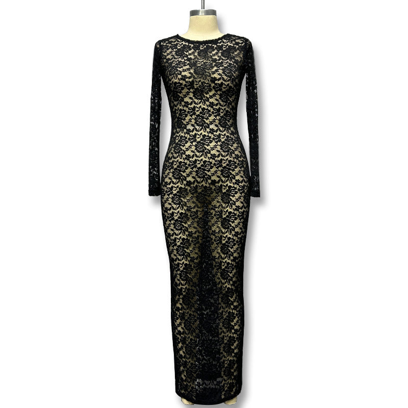 Autumn women's hollow lace pattern See-Through slim long dress 11