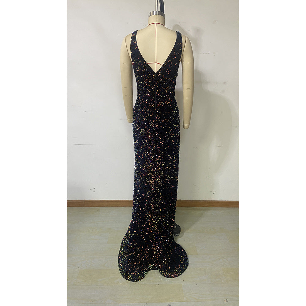 Halter Neck Hollow Fishtail Dress Long Dress High Slit Low Back Sequin Formal Party Evening Dress 10