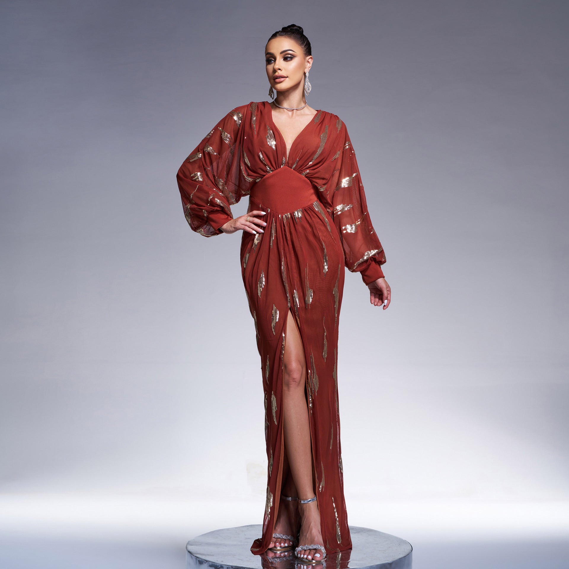 Women long sleeve V-neck sexy sequin Formal Party Maxi evening dress 3