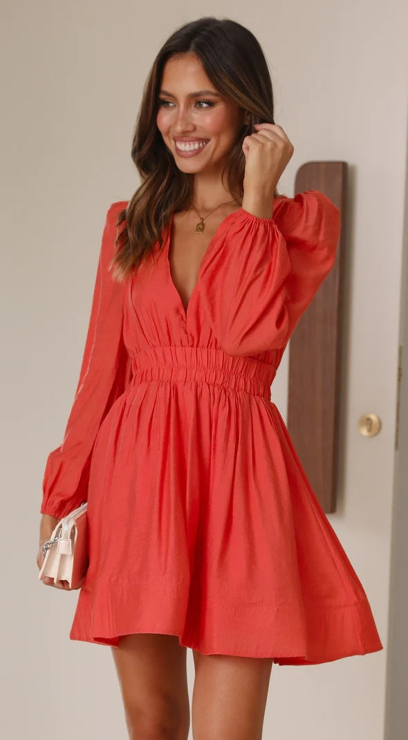 Women V Neck Pleated Long Sleeve Dress 5