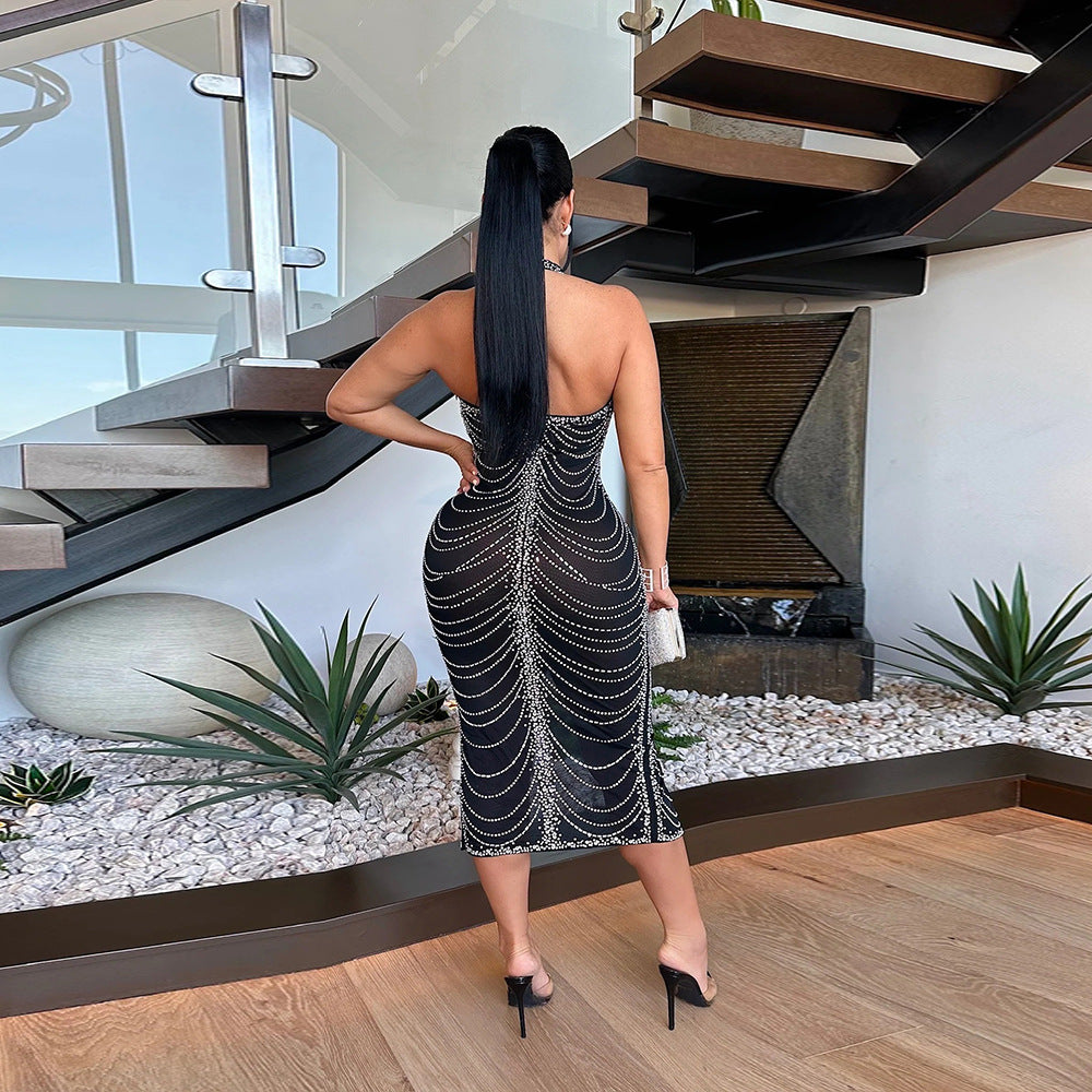 Women Beaded Sexy Backless Slit Dress 4