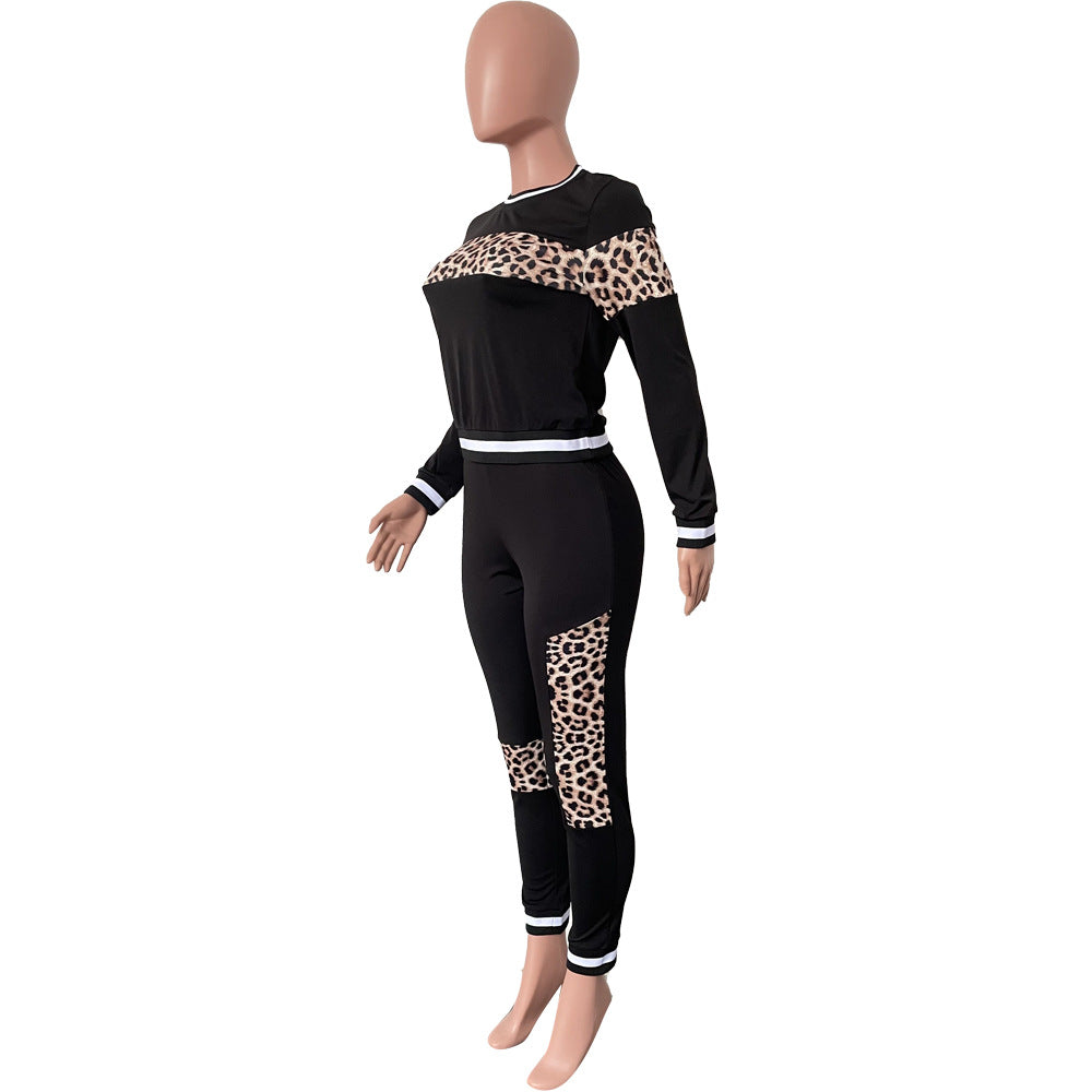 Women Fall and winter leopard print Patchwork long-sleeved top and Pant two-piece set 11
