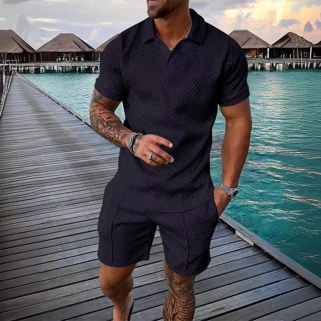 Men's Summer Fashion Casual Printed Turndown Collar Polo Shirt Shorts Two Piece Set 9
