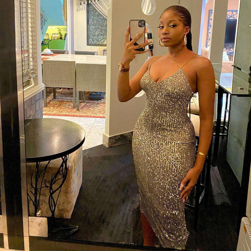Women sequined suspenders sexy Backless Bodycon Dress 5