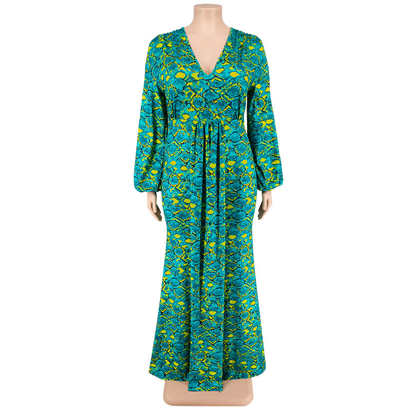 Plus Size Women'S Print V-Neck Fashion Long Sleeve Mermaid Long Dress 14