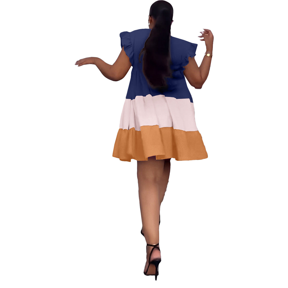 Women's Round Neck Ruffle Sleeve Contrast Patchwork Oversized Swing Dress 13