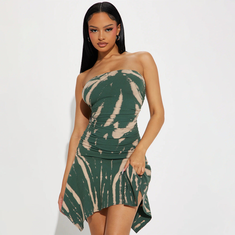 Women's Fashion Sexy Strapless Print Slim Waist Asymmetrical Dress