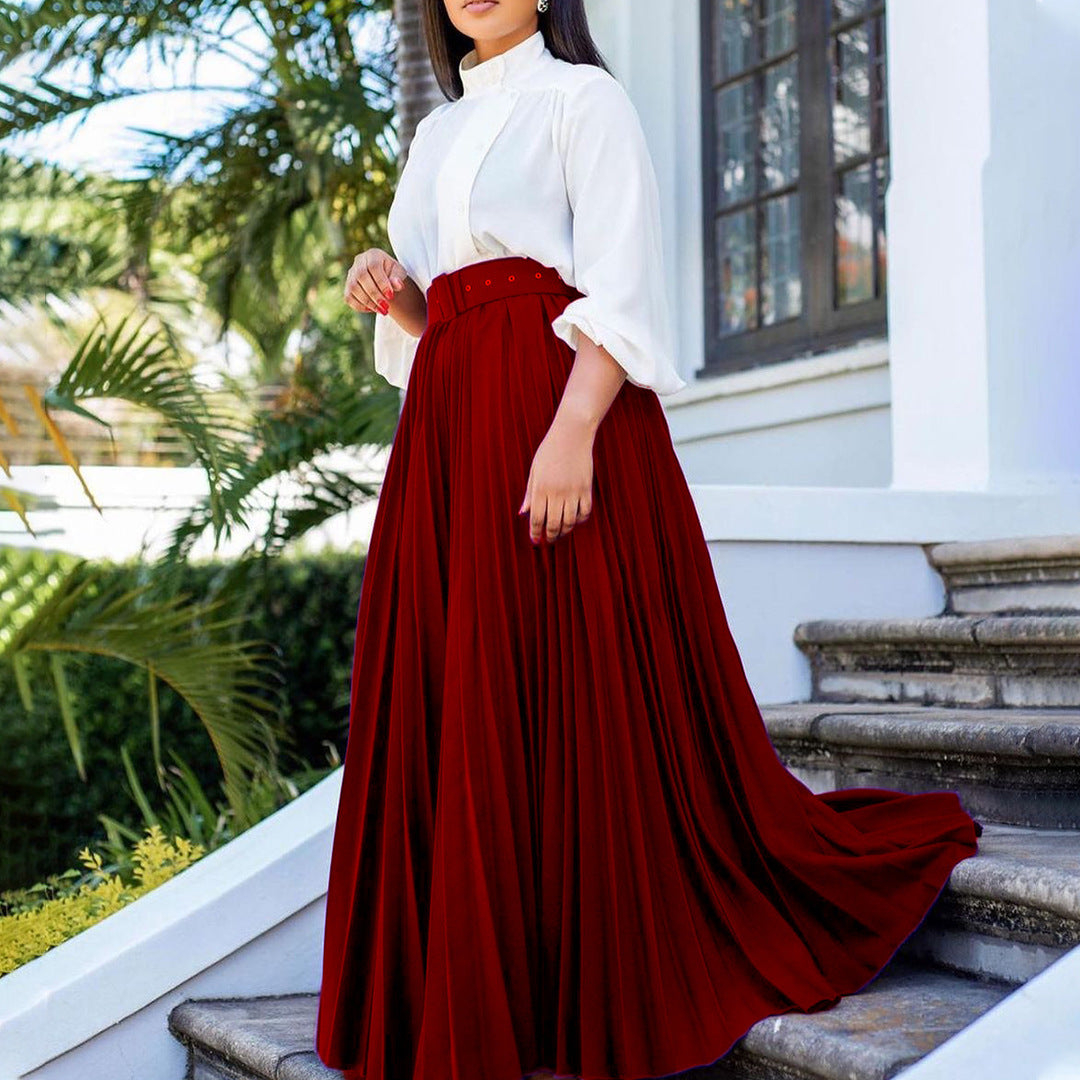 Women Elegant Pleated Style Skirt with Belt 7