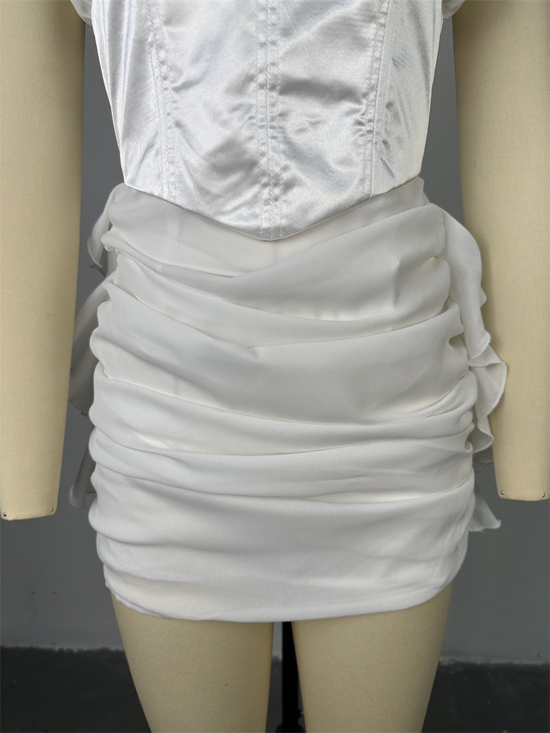 Women Summer V-Neck Short Sleeve Patchwork Pleated Mini Dress 7