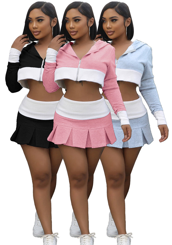Fashion Women's Clothing Contrast Color Patchwork Long Sleeve Hooded Crop Top Pleated Skirt Two-Piece Set 5