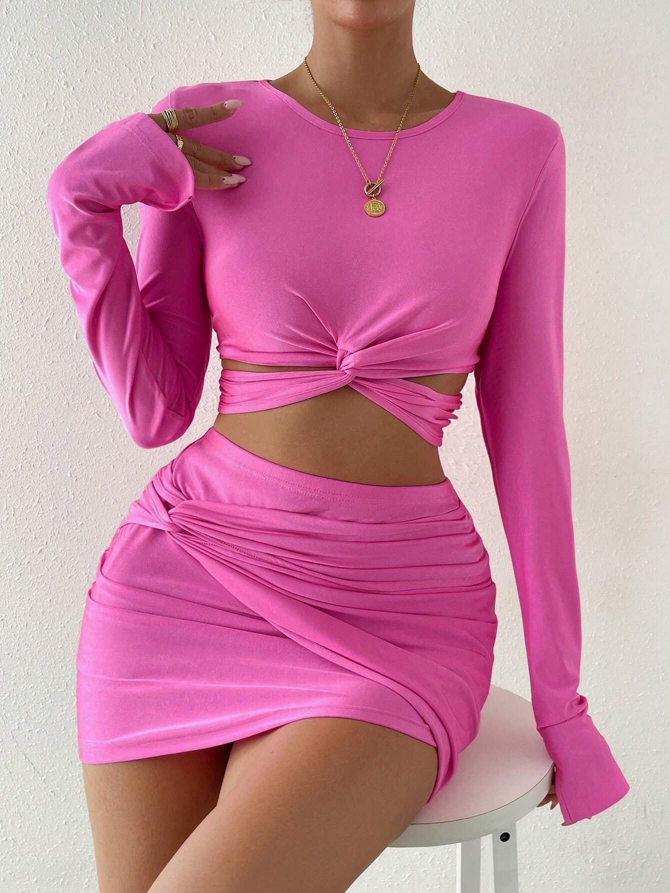 Women's Short Long-Sleeved T-Shirt Elastic Waist Bodycon Short Skirt Two-Piece Set 4