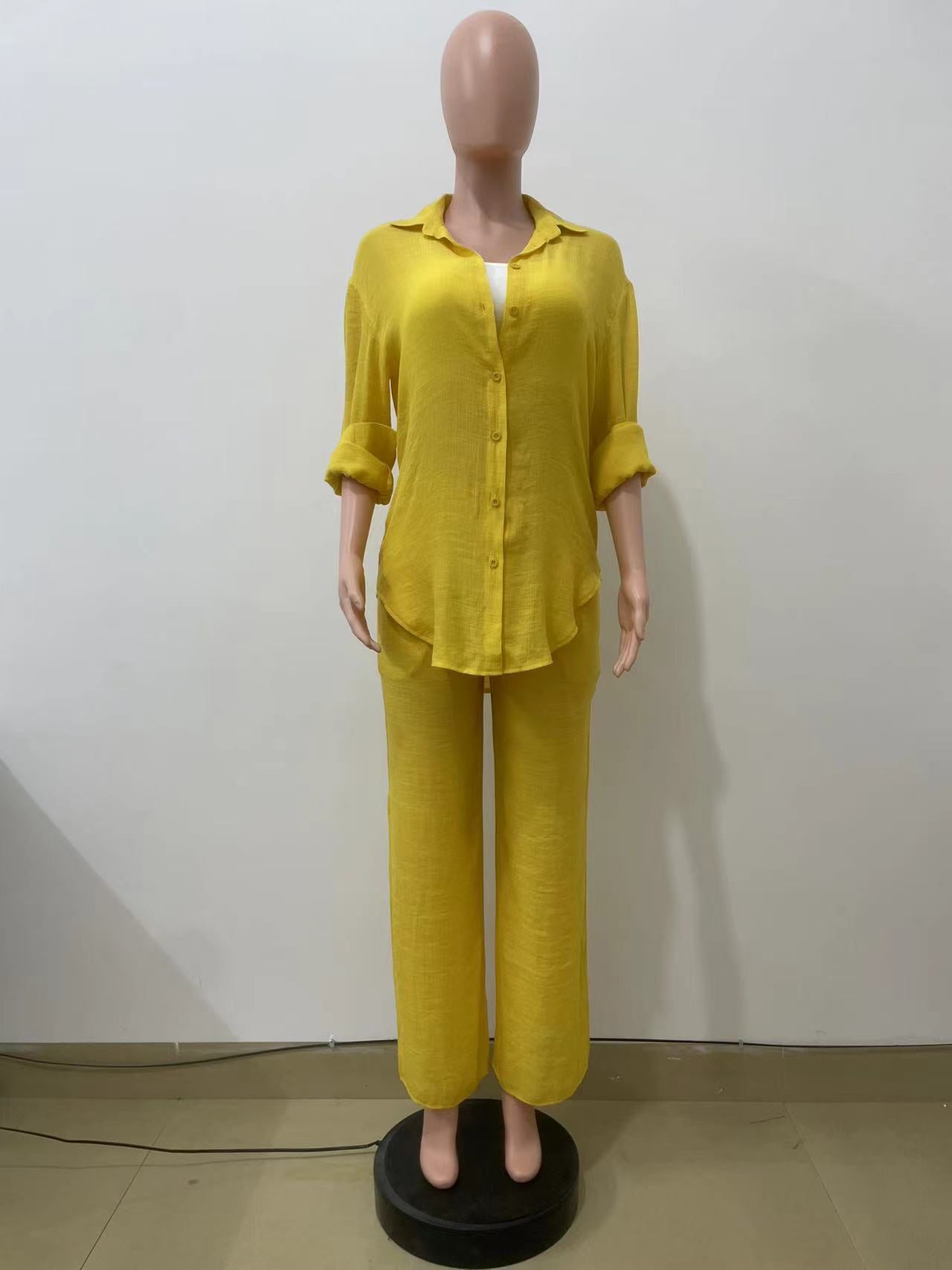 Women Casual long-sleeved shirt and straight pants two-piece set 11