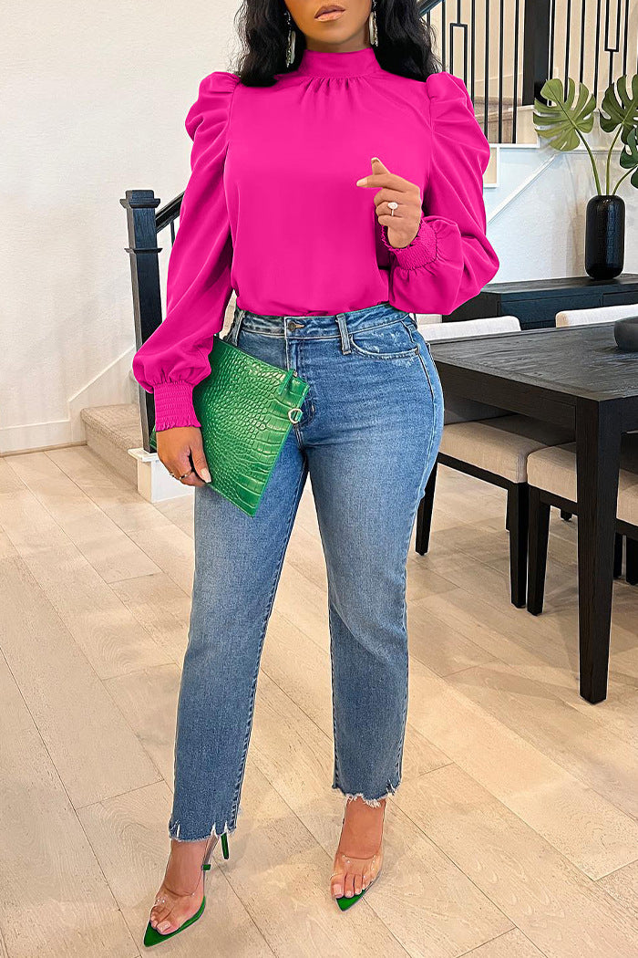 Women Solid Stand Collar Puffed Sleeve Top 20