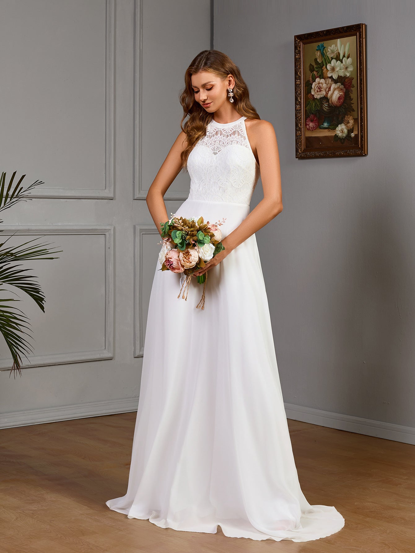 Women spring sleeveless Halter Neck wedding bridesmaid dress solid dress 5