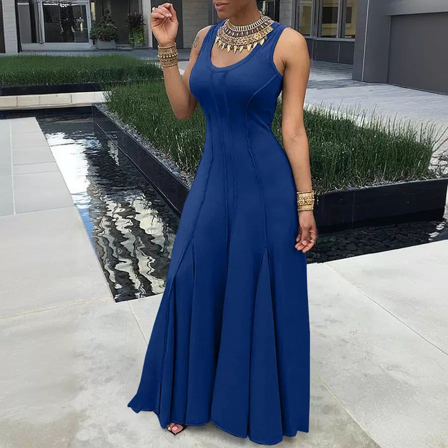 Women's Spring Summer Solid Color Sleeveless U-Neck Swing Women's Dress 3