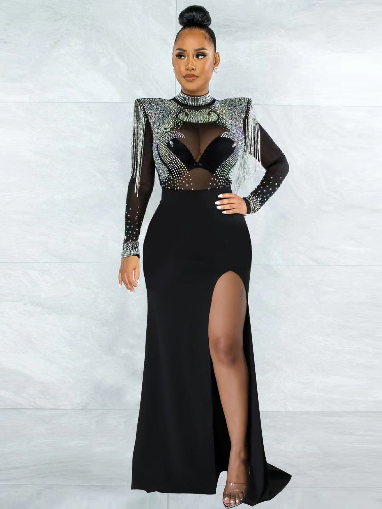 Women Sexy See-Through Mesh Beaded Slit Dress