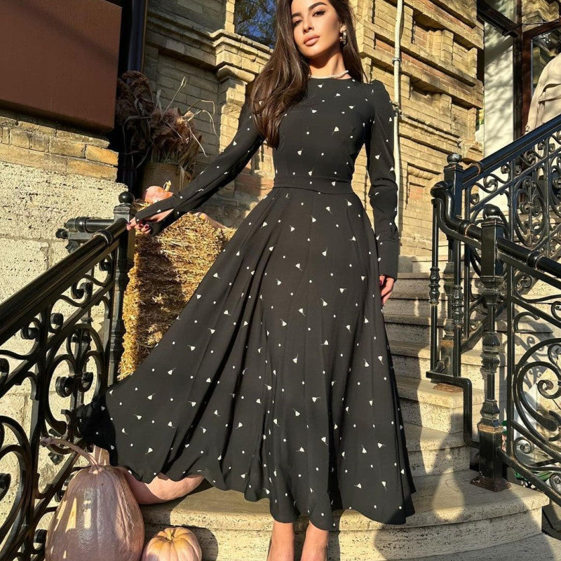 Autumn Fashion Chic Printed Long Sleeve High Waist Belted Women's Long Dress 3
