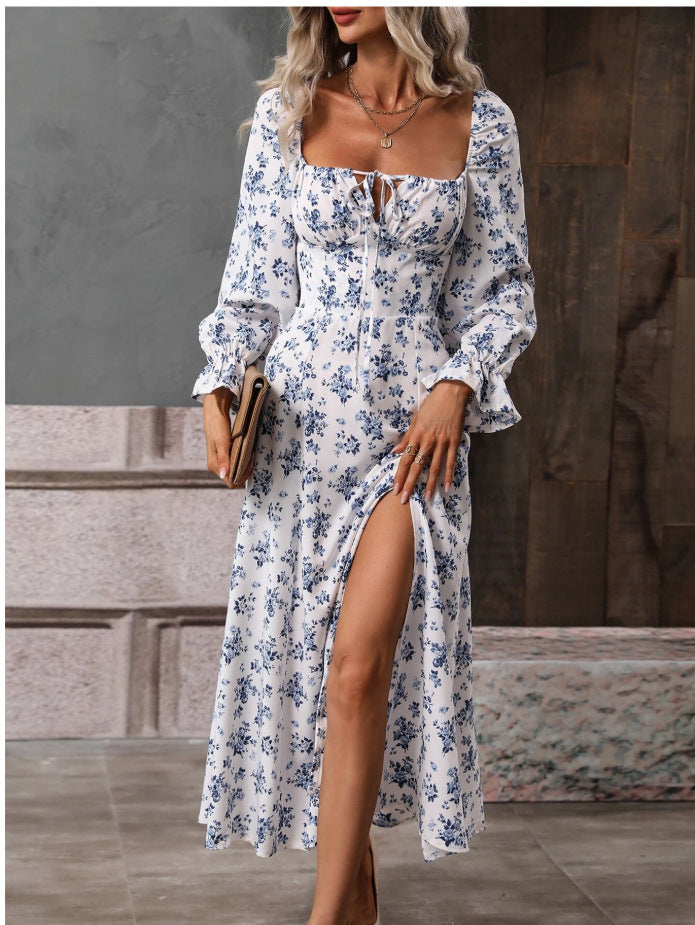 Autumn And Winter Women Printed Long Sleeve Low Back Bohemian Dress 5