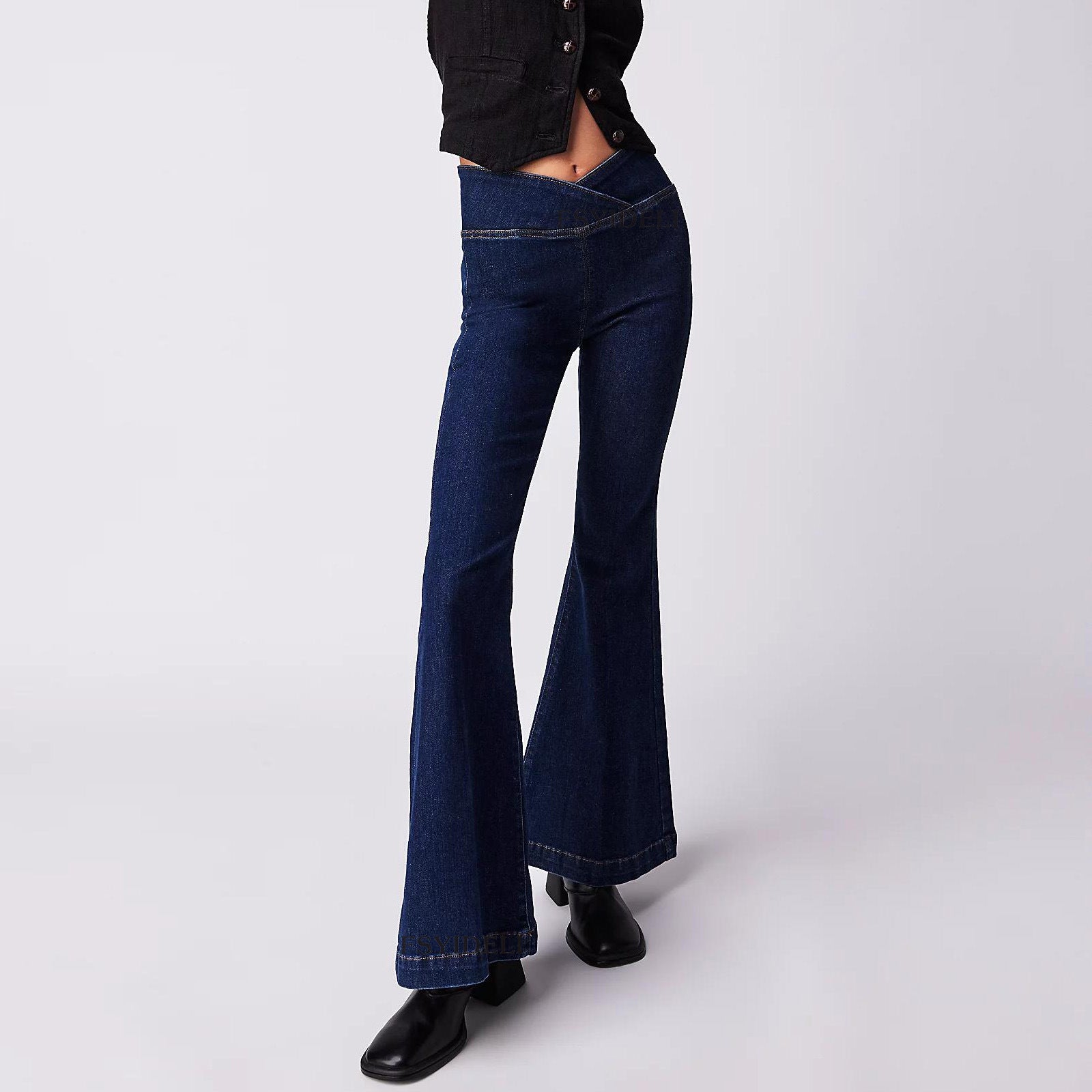 Spring And Autumn Irregular Denim Pants Women's High Waist Slim Fit Bell Bottom Trousers 6