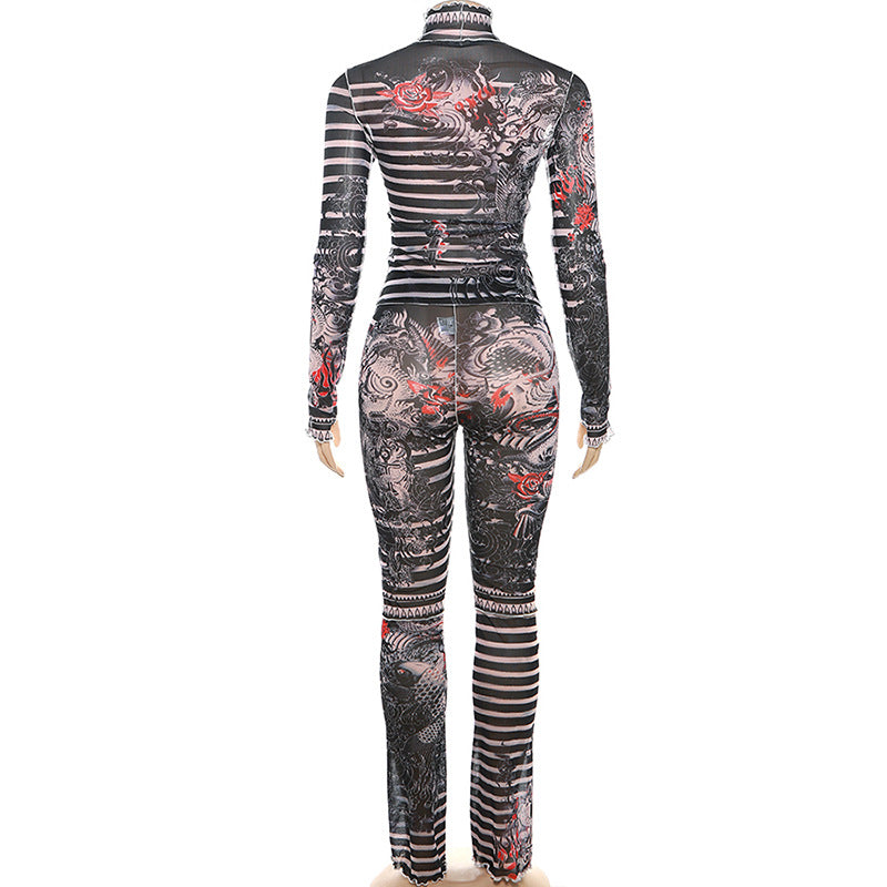 Women sexy mesh See-Through printed Top and high-waisted Casual trousers two-piece set 13